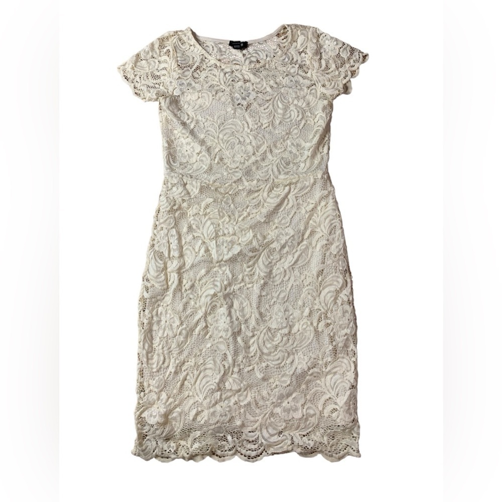 U2B Cream Floral Lace Overlay Dress - Short Sleeve Bodycon - Size L
